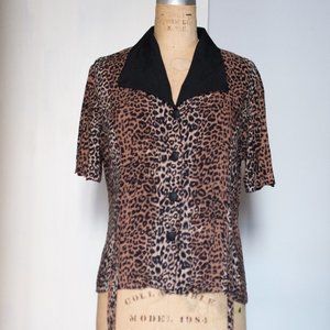 Vintage 50s Style Tie around Leopard Print Collared Button up Blouse